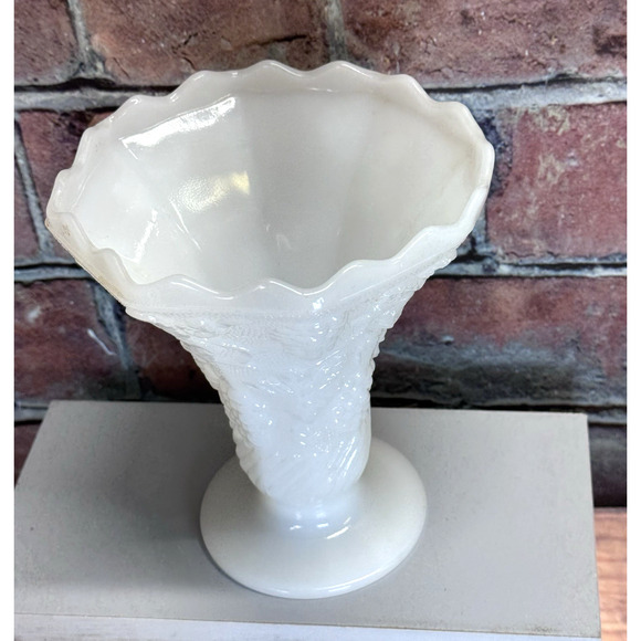 Vtg White Embossed Milk Glass Grape Vine Scalloped Edge Flared Pedestal Vase MCM - Picture 2 of 7